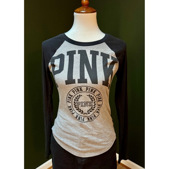 PINK Victoria's Secret Tops - PINK Victoria's Secret Long Sleeve Gray Black Raglan Graphic Tee Women's S